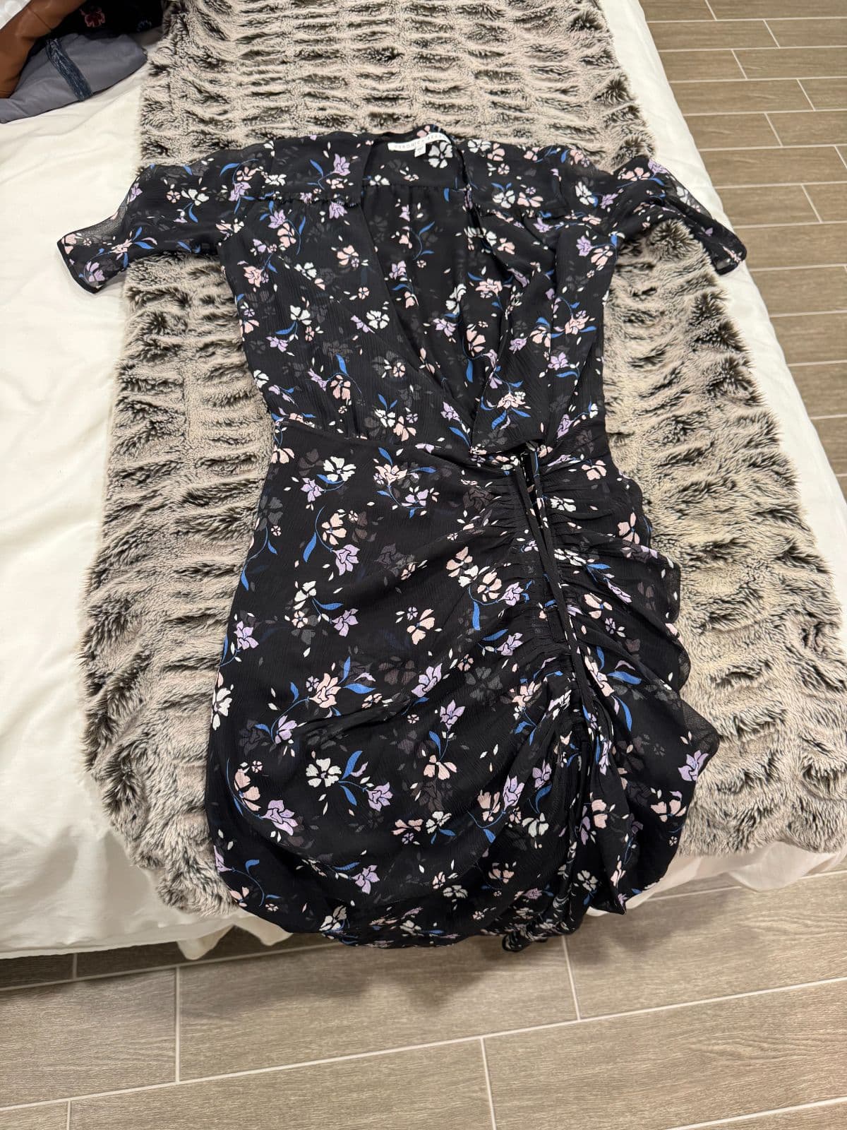 Veronica Beard Black Floral Ruched Mini Dress Size 0