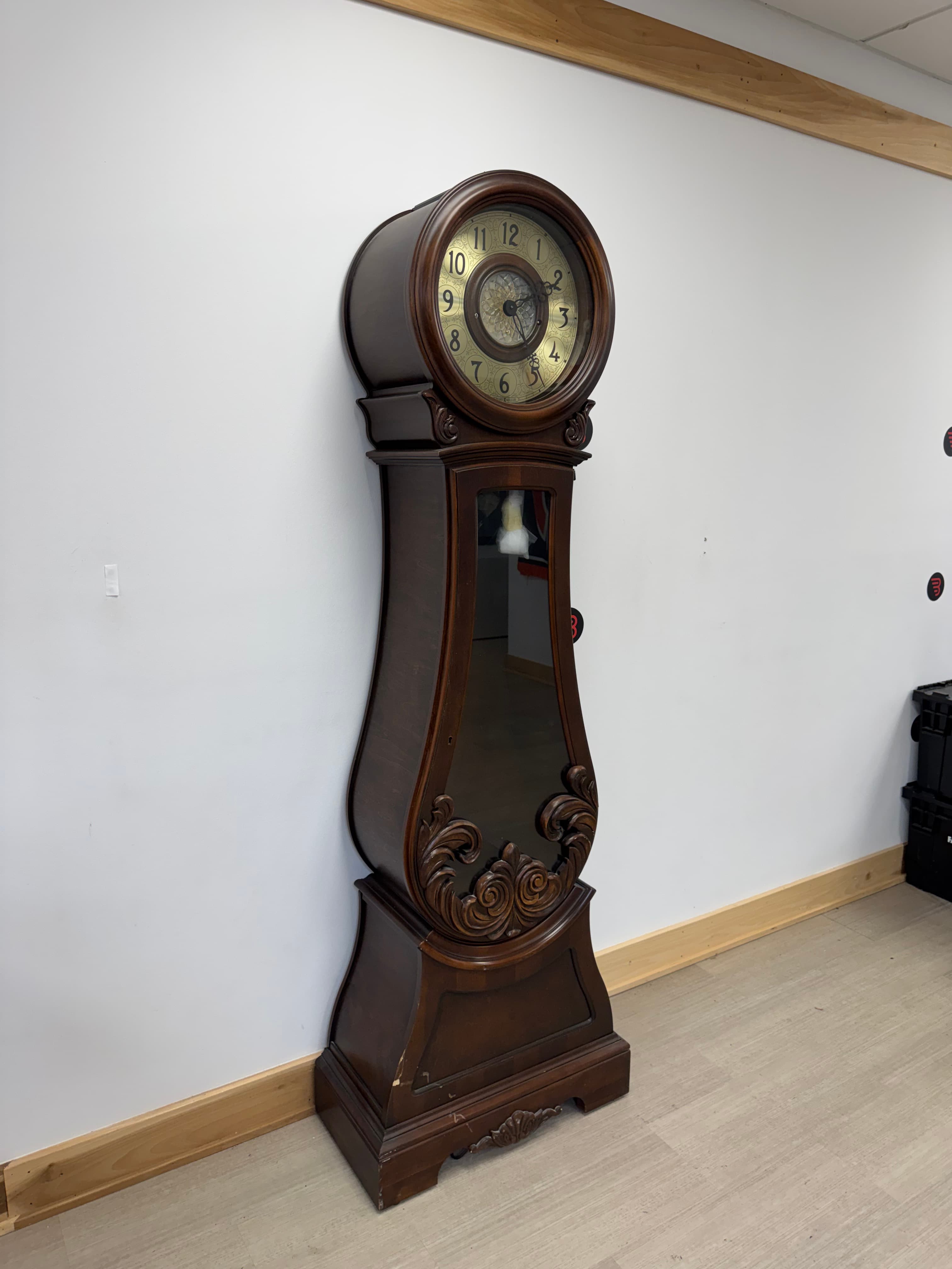 Howard Miller Grandfather Floor Clock Ornate Carved Walnut Case