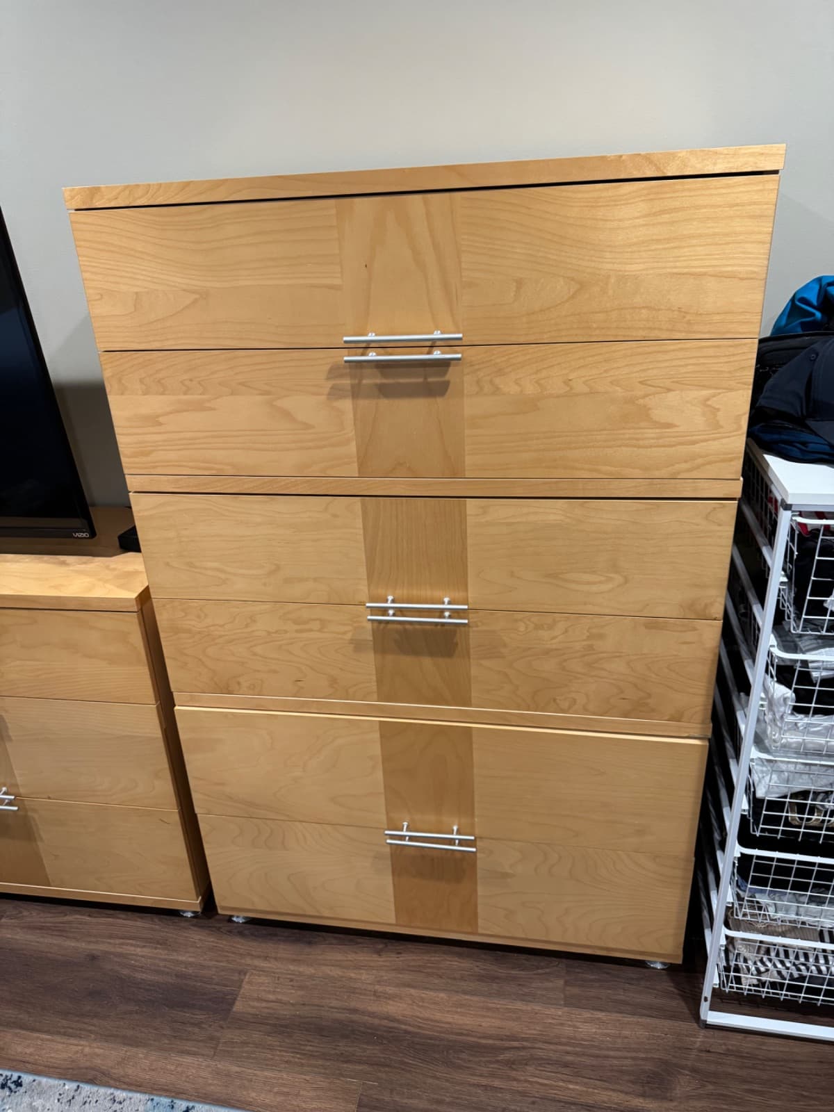 IKEA Tall 3-Drawer Wide Storage Cabinet Birch Veneer Silver Pulls