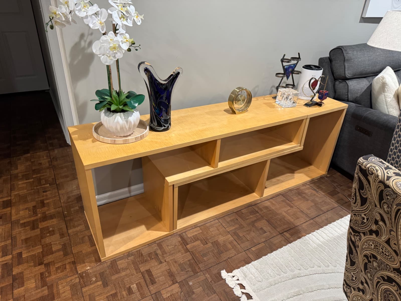 Low Open Bookcase Console Shelf Light Maple 3-Cubby Storage